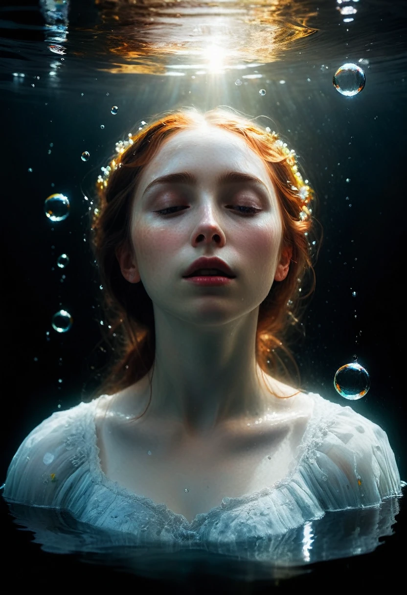 painting of a Ophelia lies on the surface of the water, sun spots on her white face, air bubbles, dark atmosphere, cinematic scene, volumetric lights, ultra realistic, in the style of nicola samori