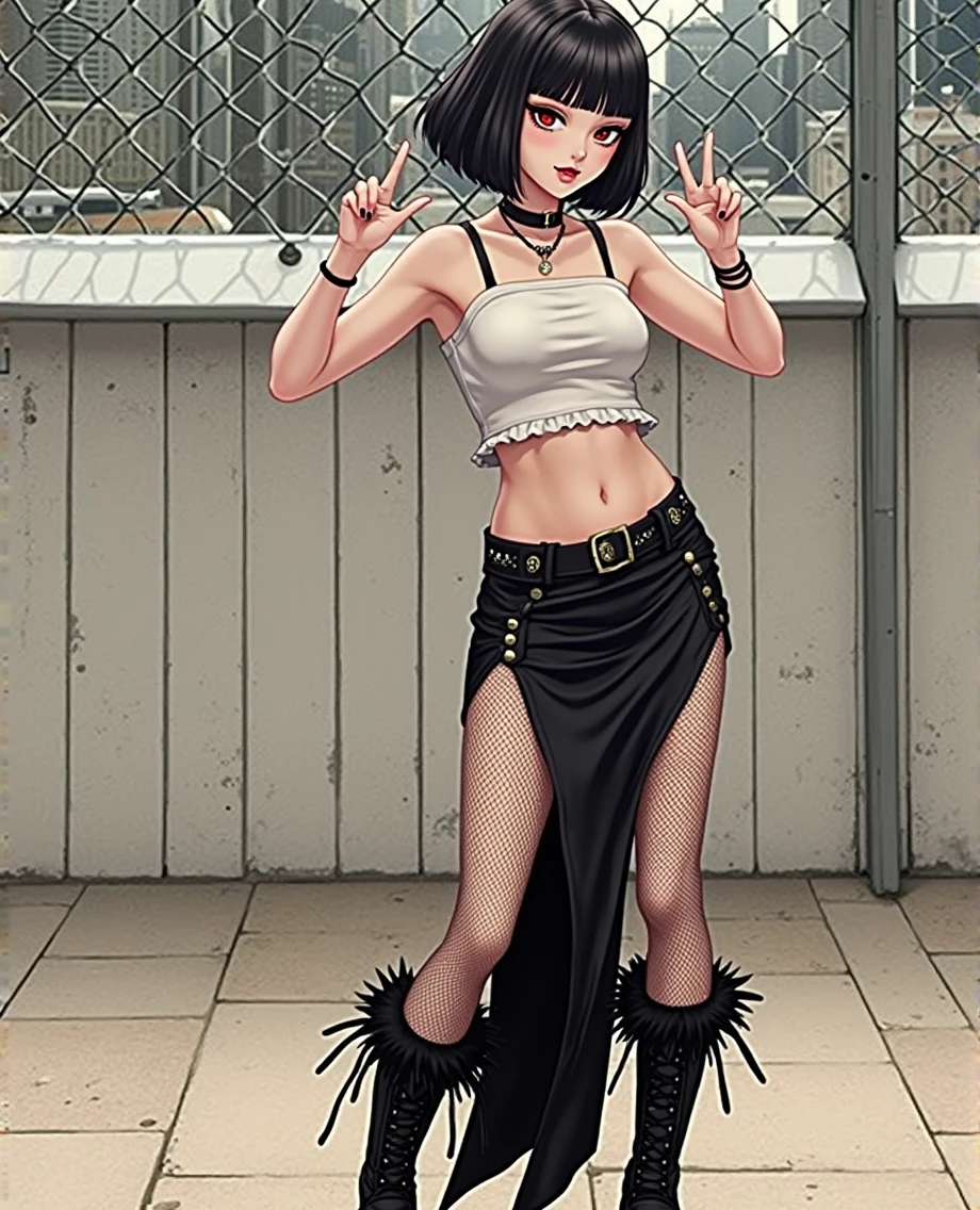 Goth girl, short black hair, black crop top, black slit skirt, fishnet legwear, black fur  boots, wink, double peace sign, city background