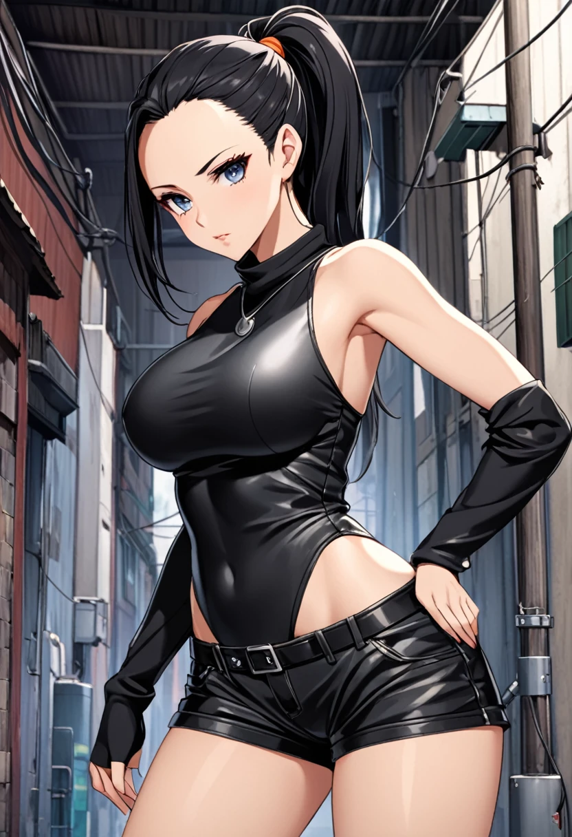 {Highest quality}{1 female, 25 years old}{Fighter}{Black Hair、Long Hair、ponytail}{forehead、Forehead}{Big Breasts}{Grey Eyes、Slanted Eyes、Squint your eyes}{Holder neck knit}{Black leather-look low-rise shorts、Knee-high boots}{Umbilical cord、Shoulder Bare}{strong}{alley}Parted bangs,
