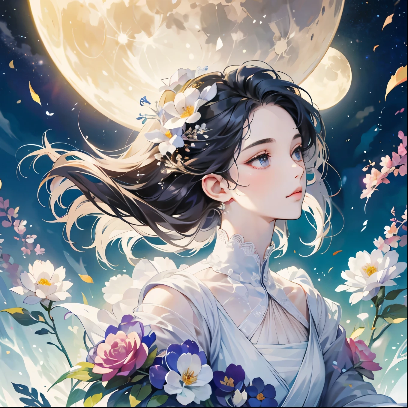 ((best qualtiy)), ((tmasterpiece)) themoon, god of moon, goddes, florals,exquisite facial features