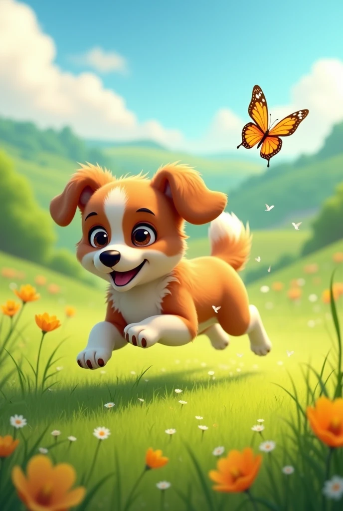 a dog is running after a butterfly