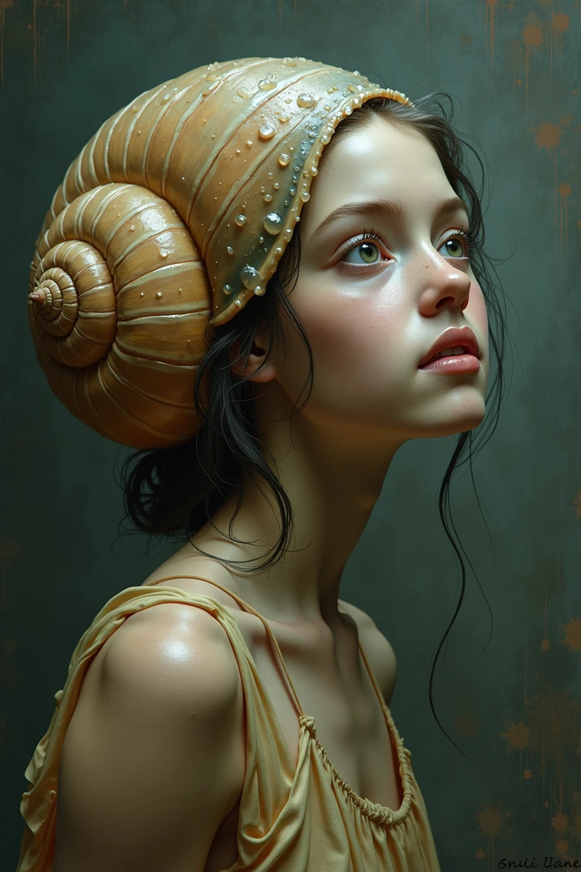 A snail's body with a girl's face, in mucus, Close-up, oil painting style image