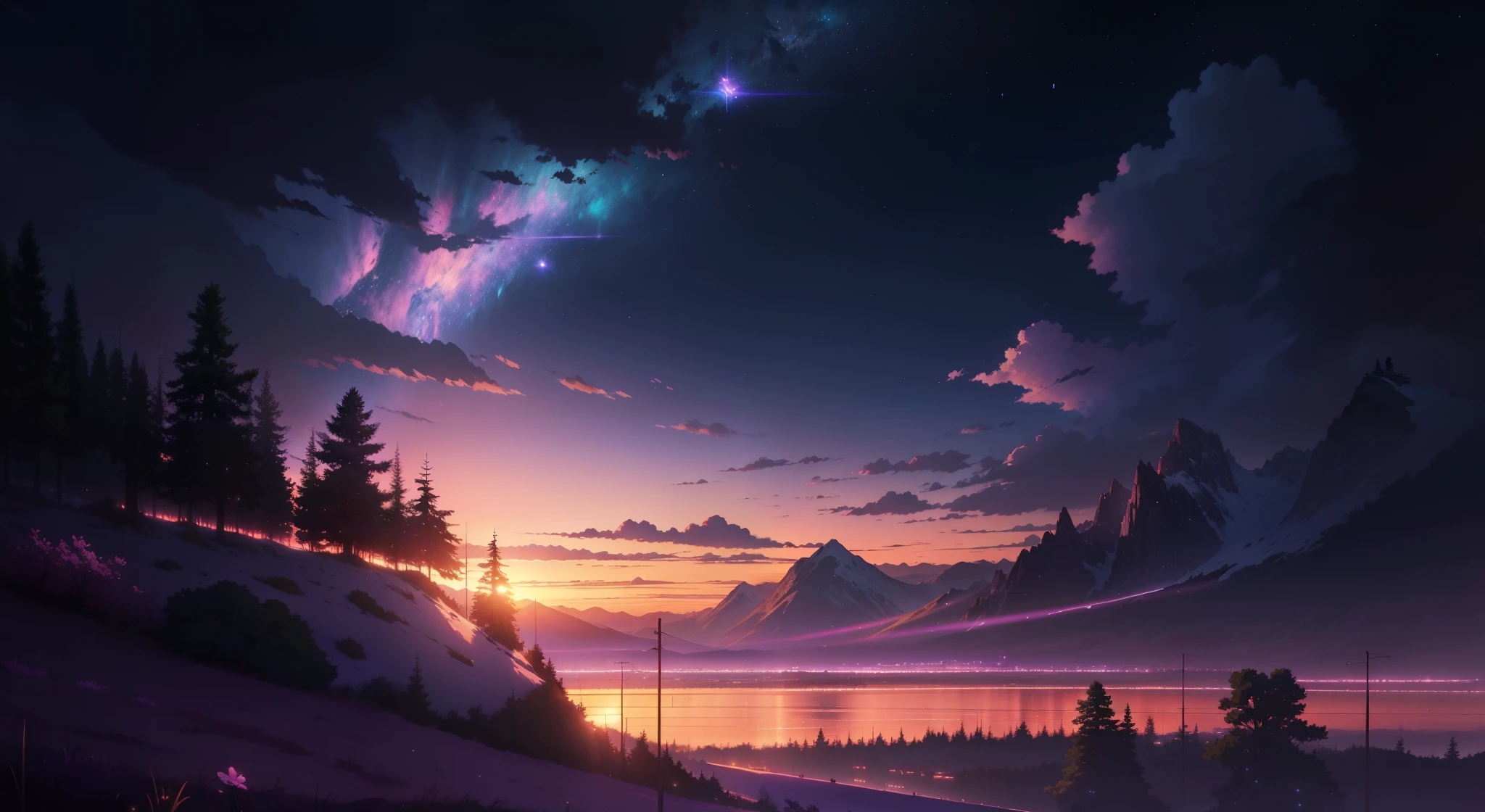The picture is bright and well lit. no humans. (((Makoto Shinkai style)),pixiv,anime drawing,high quality,pink purple sky,beautiful scene),(universe,train passing,magical realism,((makoto shinkai style)) ::0.8), [Artistic Atmosphere, Atmosphere:0.8, Starry Sky, Hills, Snow Mountain, Sparkling Water, Grass, Trees, Smoke, Stars, Low Angle of View, Specular Scattering,