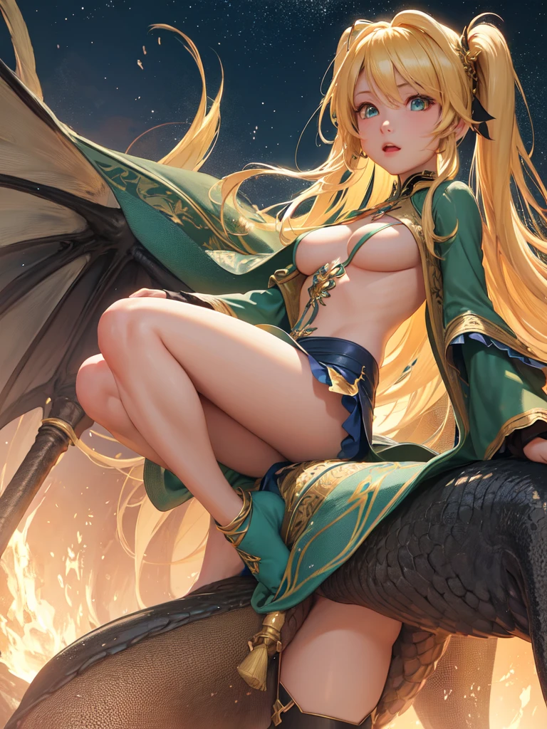 (Ultra extreme detailed),(Masterpiece),(Ultra extreme),(Realistic),CG,(color:1.2), Strong lighting,Light from behind,evaluation:Safety,A blonde person alone, 赤color,Blonde twin tails,Green Eyes,水color shrite,short_Magic Robe Costume、race、Gemstone pendant、Tights Knee Socks、thunder、Magical girl、Magic wand、Castle Background、Flying in the sky、Riding a dragon、Riding a dragon、Her breasts are visible