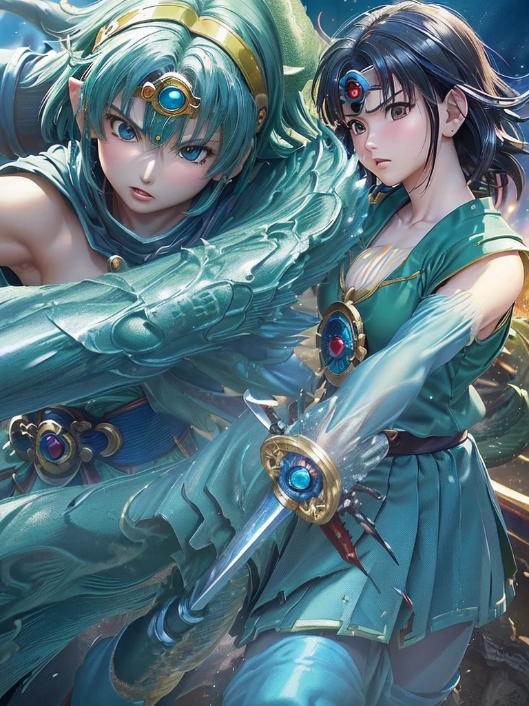 Only one Beautiful detailed japanese girl with green wavey hair in Yamato Nadeshiko style, Break,short haircut, wearing blue leotard, Break,off-shoulder, black pareo skirt, Break,red cloak, Break,(circlet, wielding evil sword, fantasy Dragon Quest inspired scene , highest quality, 8K, highly detailed faces and bodies, masterpiece, high quality, realistic,photorealistic, detailed description, vibrant colors, studio lighting, physically based rendering:1.5)