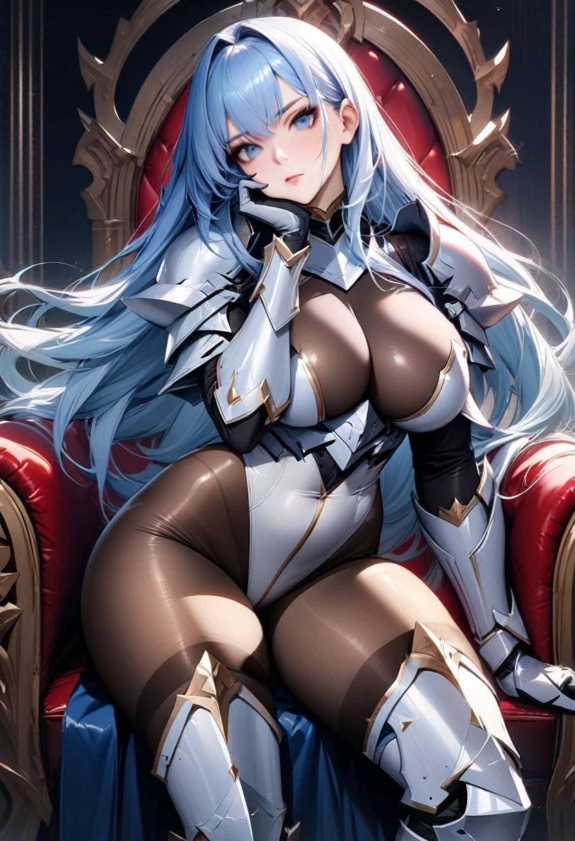 ((highest quality)), ((masterpiece)), ((hyperrealistic)), (solo), 1girl, ((curvy)), ((skindantation: 1.2)), perfect face, ((Azur Lane)), ((armored dress)), ((paladin armor)), ((skin-tight see-through pantyhose leotard: 1.4)), ((white knight armor breastplate)), ((skin-tight black Investigator Bodystocking)), ((large pauldron)), (long gauntlet gloves), ((light blue hair straight long hair)), ((large breasts that look like they might burst)), (pantyhose thighs), ((white knee-high boots)), (high heel boots), ((see through cleavage cutout)), zettai ryouiki, ultra high leg cut, beautiful blue eyes, Perfect hands, perfect fingers, luxurious goldsmith spear, holding a spear, prepare a spear, makeup, sitting thighhighs, Leaning on the throne, Cheek resting on hand, Trampling