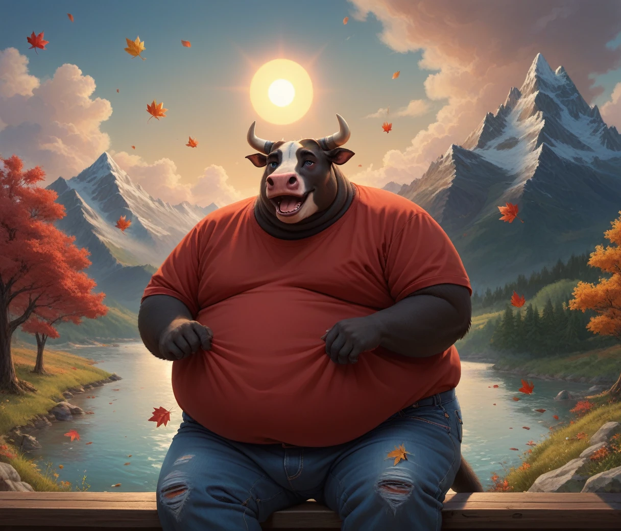 (cute, fat, obese, anthro, male, bull), jeans, red shirt, river, trees, falling leaves, sun, mountains, clouds, close up, happy, (detailed background), hires textures, highly detailed, intricate details, best quality, masterpiece, bright lighting, detailxl, zPDXL2