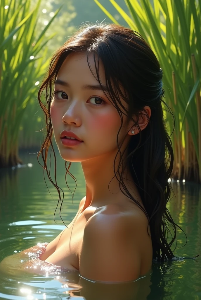 close up portrait of a cute woman (gldot) bathing in a river, reeds, (backlighting), realistic, masterpiece, highest quality, lens flare, shade, bloom, [[chromatic aberration]], by Jeremy Lipking, by Antonio J. Manzanedo, digital painting,