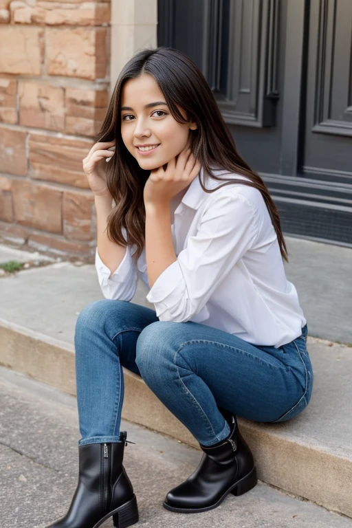 fine art portrait of a 17yo girl whit big breast big  jumbo breast standing feeling broken and down, symmetrical face, symmetrical eyes,long boots smiling tempting long legs view from above low anglel view, white shirt with bouton, jeans, cum on face