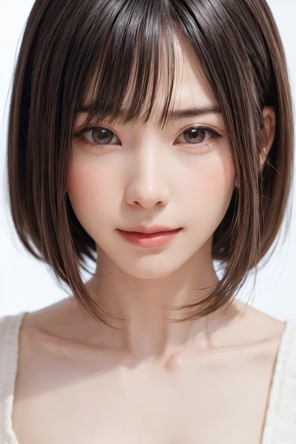 ((masterpiece, Highest quality, High resolution、Realisticですべてが美しく詳細に描かれている)), 1 person, (Realistic: 1.4), alone, White Background, snow-White Background, Mouth closed, smile, smile, Beautiful black hair, short hair, Big eyes, Transparent double eyelids, eyelash, Listen carefully, Long neck, 美しくLong neck, Absolute area, ((Face close-up)), (Draw the whole head, shoulder), 19 years old, Attractive proportions, Glowing Skin, Beautiful clavicle, Golden ratio face, Perfect Face, Teardrop-shaped mole, chestのほくろ, bangs, clean bangs, beautiful bangs, Lip gloss, Thin lips, Fair skin, naked, Big Breasts, {Huge|big|Hugeな|Mega} chest:2, chestの谷間:2,chestの谷間を見せる、Small face, Small face, All the heads are painted, shoulder all drawn, Point slightly above the camera