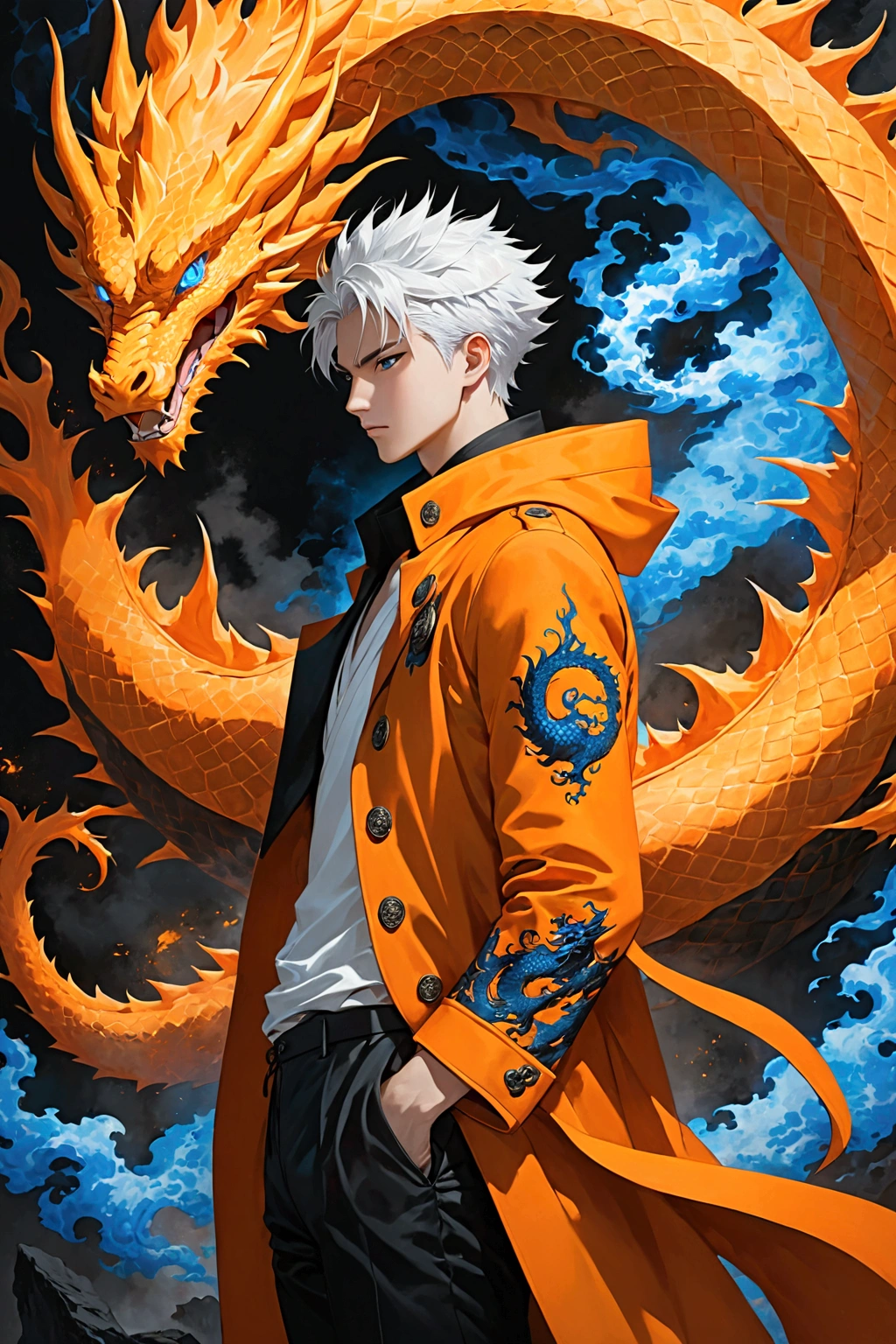1 boy, with spiky white hair, orange coat, black pants, with the dragon symbol on his right arm, using a famous blue fire technique, incredible details, Dynamic background