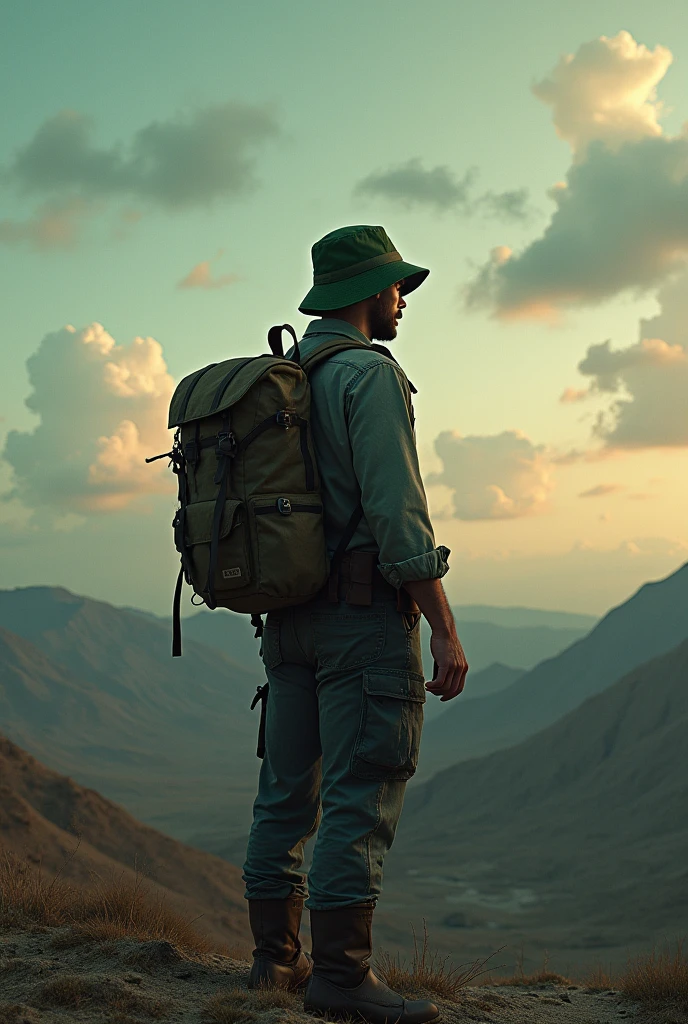 A man standing on the top of the wasteland hill,staring at a crepuscular clouds in the evening sky.he wears green bucket hat,a backpack on his back.photo were taken from his back.post apocalypse.