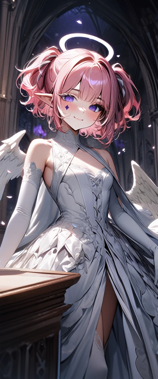 UHD, masterpiece, best quality, extremely detailed, anatomically correct, sharp focus, Midnight, purple moon, Church , altar isle, falling petals, ((full body portrait)), 1girl, solo, camilavtuber, ((pink hair)), short hair, shoulder length hair, curly hair,  white halo,(white head wings:1.5), (twin ponytail:1.5), purple eyes, (facial mark), smiling, slim arms, white laced arm sleeves, white gloves ,small chest, (angel wing:1.3), white wedding gown, high slit gown, slim legs, white laced stockings, white high heels, full body shot, close up, innocent pose, Eye-Level Shot, front view, innocent pose, scattered petals