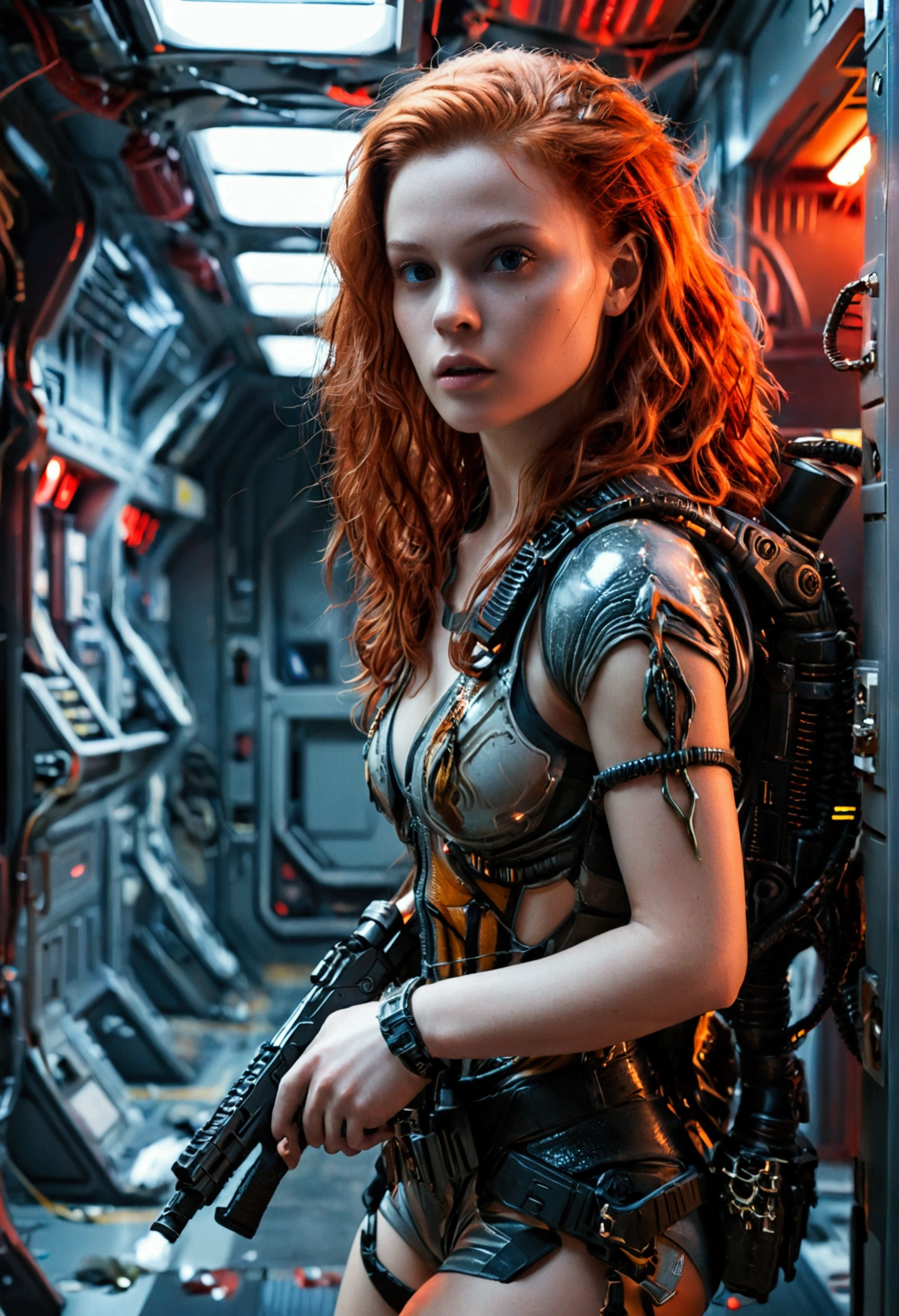 (full body shot:1) photorealistic image of a (standing pose:1) woman, ultrarealistic, photography, long red hair, woman, 24 years old, hourglass figure, perfect body, natural medium breasts, Full body picture, she is on a destroyed space station, in a dark corridor, only red alarmlights are on, she is wearing a tshirt and hot pants, she is holding a pulserifle, she is hiding inside of a locker, a xenomorph alien is walking in the background, she is looking scared