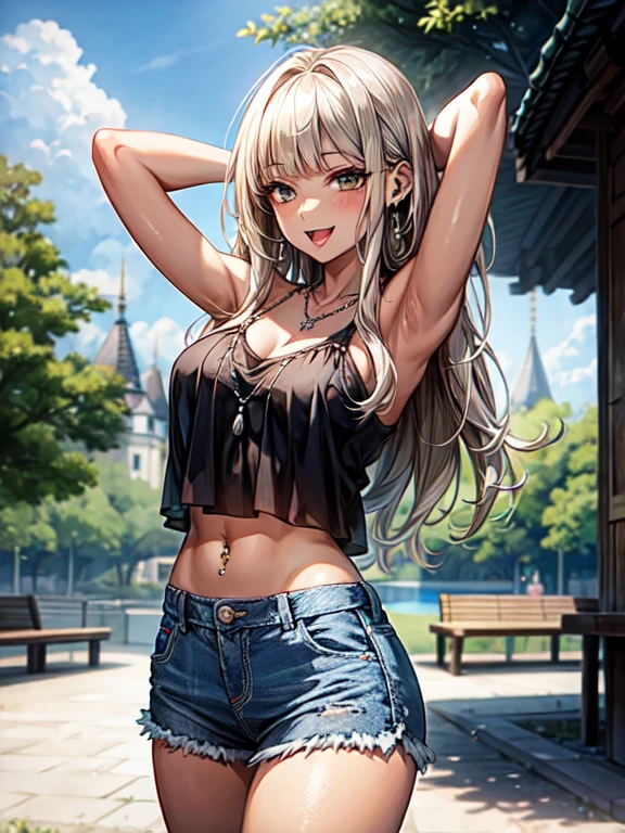 (masterpiece、Highest quality、Very detailed))、
One girl、gyaru、((Brown skin:1.3))、(Blonde:1.3)、Long Hair、blunt bangs、Wavy Hair、Grey Eyes、Thick thighs、

evil smile、((open mouth))、((tongue out))、

White halter neck camisole, cropped camisole, distressed denim shorts,

((lots of piercing))、 (Silver ring, multiple Piercings, multiple necklaces, silver necklace, thick silver bangle, wearing many bangles), medium Breasts、

arms up, armpit, cowboy shot,

(beautiful scenery), daytime, (a park, green trees, paved pathway, benches along the path, very wide), panorama view, sense of depth, long shot, magnificent view,  