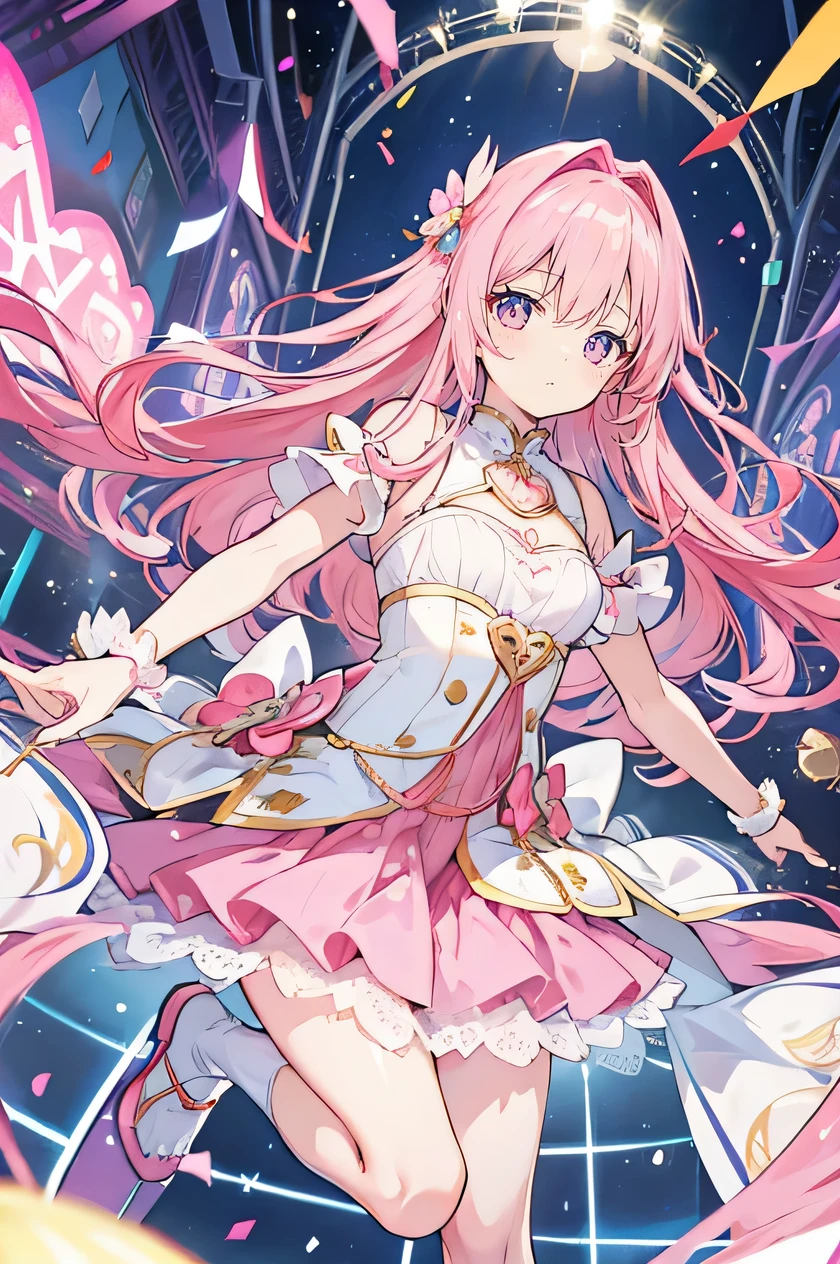 (The pieces fly), (Highest quality), Very detailed, ((1 person)), Focus Only,Low Angle,dynamic,Jump,((smile)),Perfect Face, Beautiful Face, Very detailedな顔,(Pink Long Hair_Pink Eyes:1.3),Idol Costumes,Idle only,Gorgeous hair ornament,Concert Dome,live,Holding a microphone,sing,Laugh with your mouth wide open,Laser light,Confetti,chest, Gaze, 大きなchest,