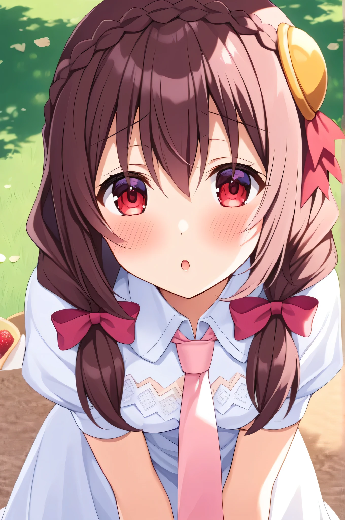 alone, One person, Yunyun, ♥、 (blush:1.5)、Crown braids of the same color as your hair、hair ornaments, Hair Ribbon, Pink tie, White dress, picnic、heart、♥、(Close your eyes and kiss the viewer)