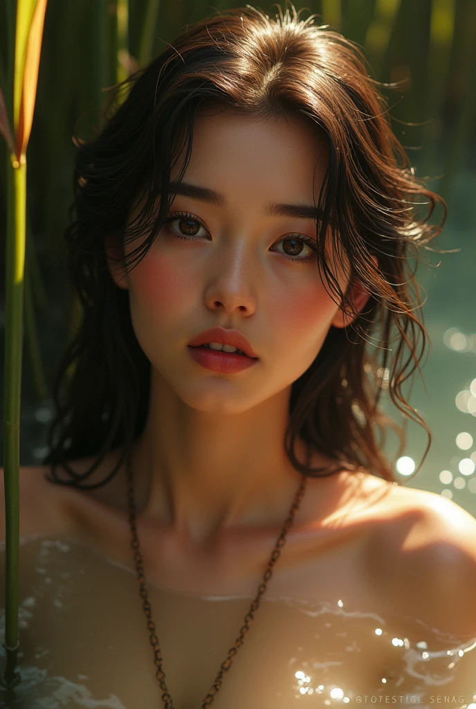 close up portrait of a cute woman (gldot) bathing in a river, reeds, (backlighting), realistic, masterpiece, highest quality, lens flare, shade, bloom, [[chromatic aberration]], by Jeremy Lipking, by Antonio J. Manzanedo, digital painting,