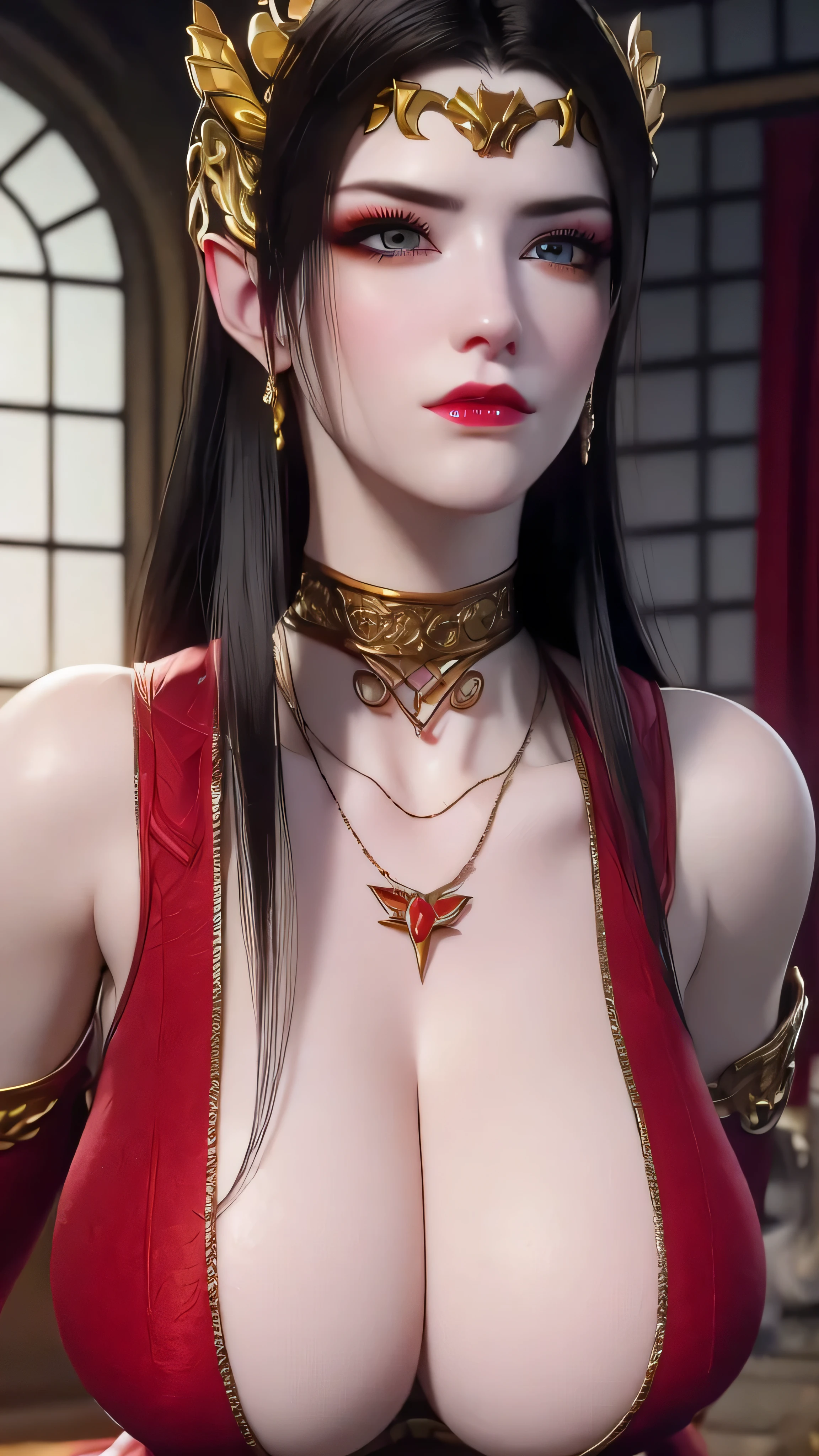 (lifelike, high - resolution:1.3), 1 girl with a perfect body, Super fine face and eyes,slong hair, big boob,Expose cleavage5, lightning, hyper-realistic graphics, most realistic graphics, 1 girl, alone, solo, Extremely sharp, surreal image, sharp eye makeup, meticulous makeup eyelashes, pretty red lips, pursed lips, full body shot, inside the room, naked, undressed, NSFW.