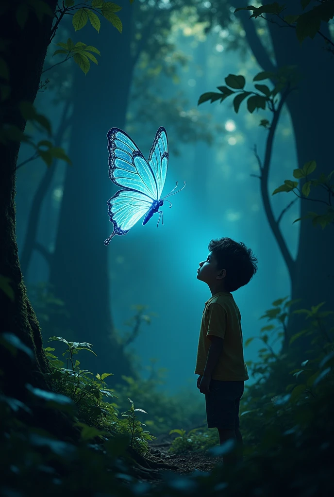 a boy with black hair, black eyes, wearing a blue shirt and white shorts and white sneakers with a toy in his hand, whole forest shining again and the butterfly thanking the boy