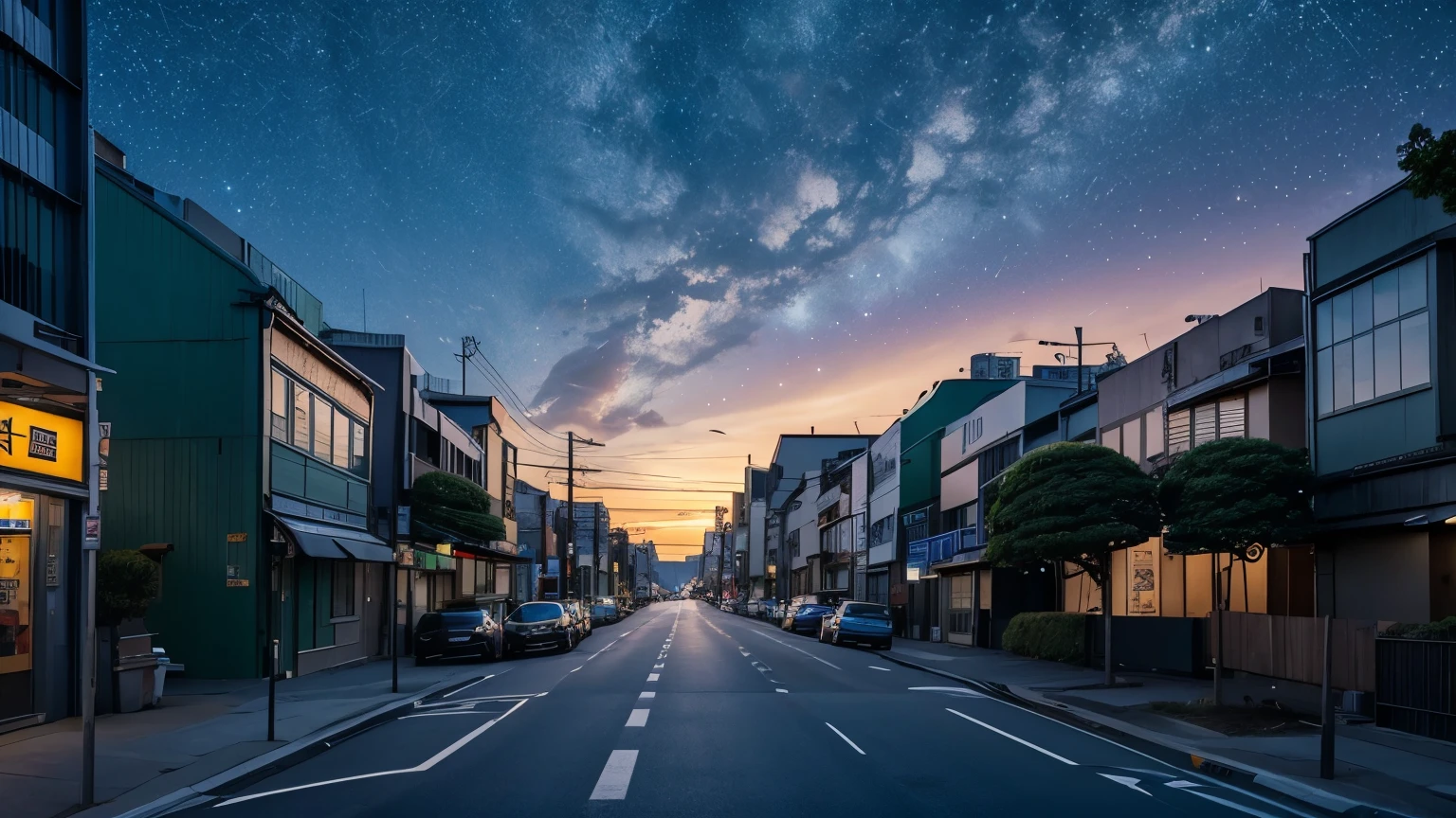 Night sky, Many stars, green blue molecular cloud, the last rays of sun on the horizon, Street in Shibuya