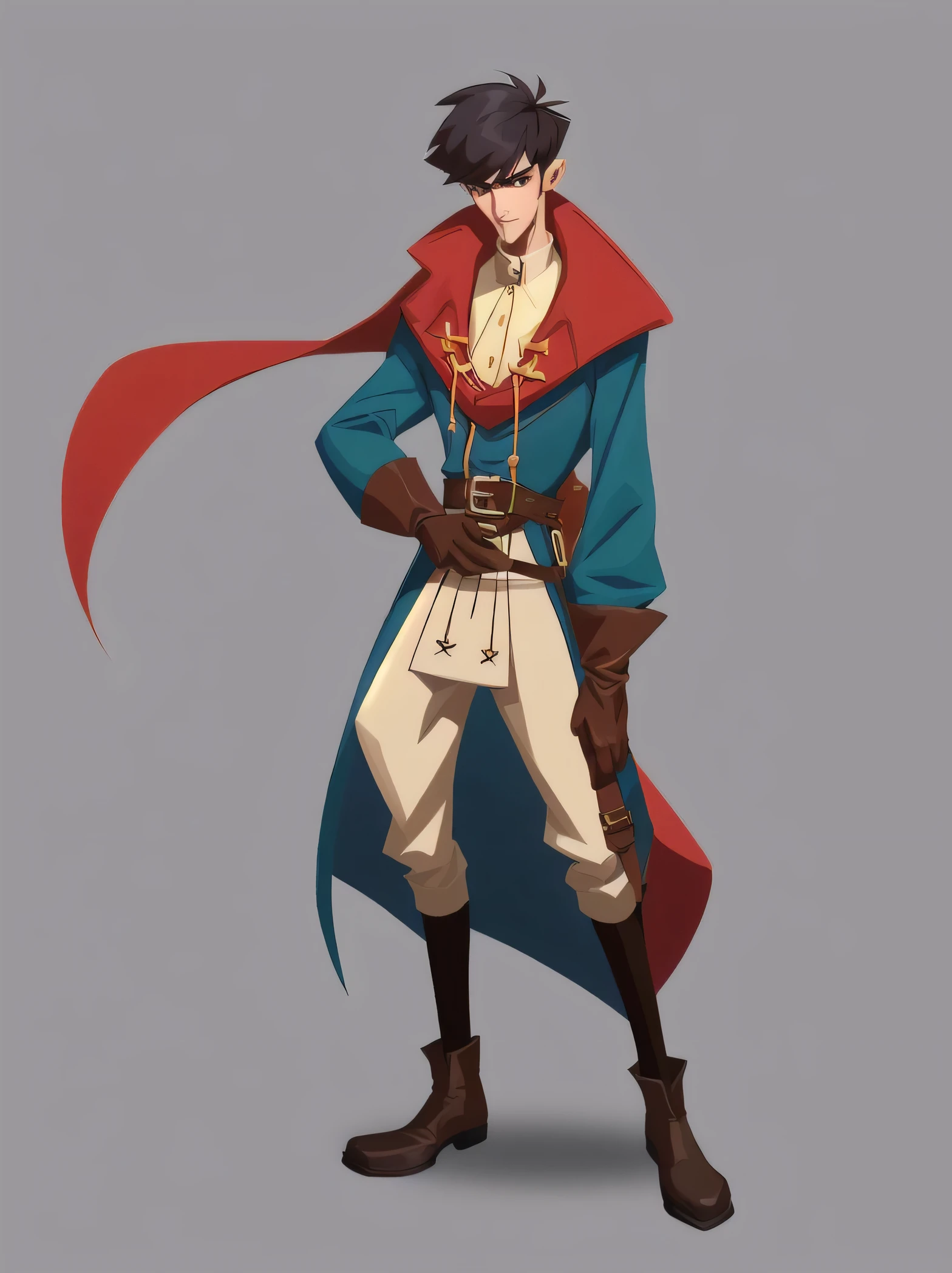 concept art, European and American comics, game character design, RPG Fantasy Game Characters, 1boy, solo, Asian male in his 20s, Male-centric, brown bowl cut hair,
Straight hair that falls straight down to the eyes, as if the head was cut with a hat on, slim body type, Wearing a red cloak tied around his neck, Blue long sleeve jacket, Vertical dark striped sprite pattern, Wearing a protector with a brown leather pocket on the waist, Brown gloves, Aiming pose with a bow, Standing with the bowstring drawn, Hair styled in a neat, straight-cut bangs, Upper body focused illustration, Clear facial expressions, Zoom in so the face is very visible,