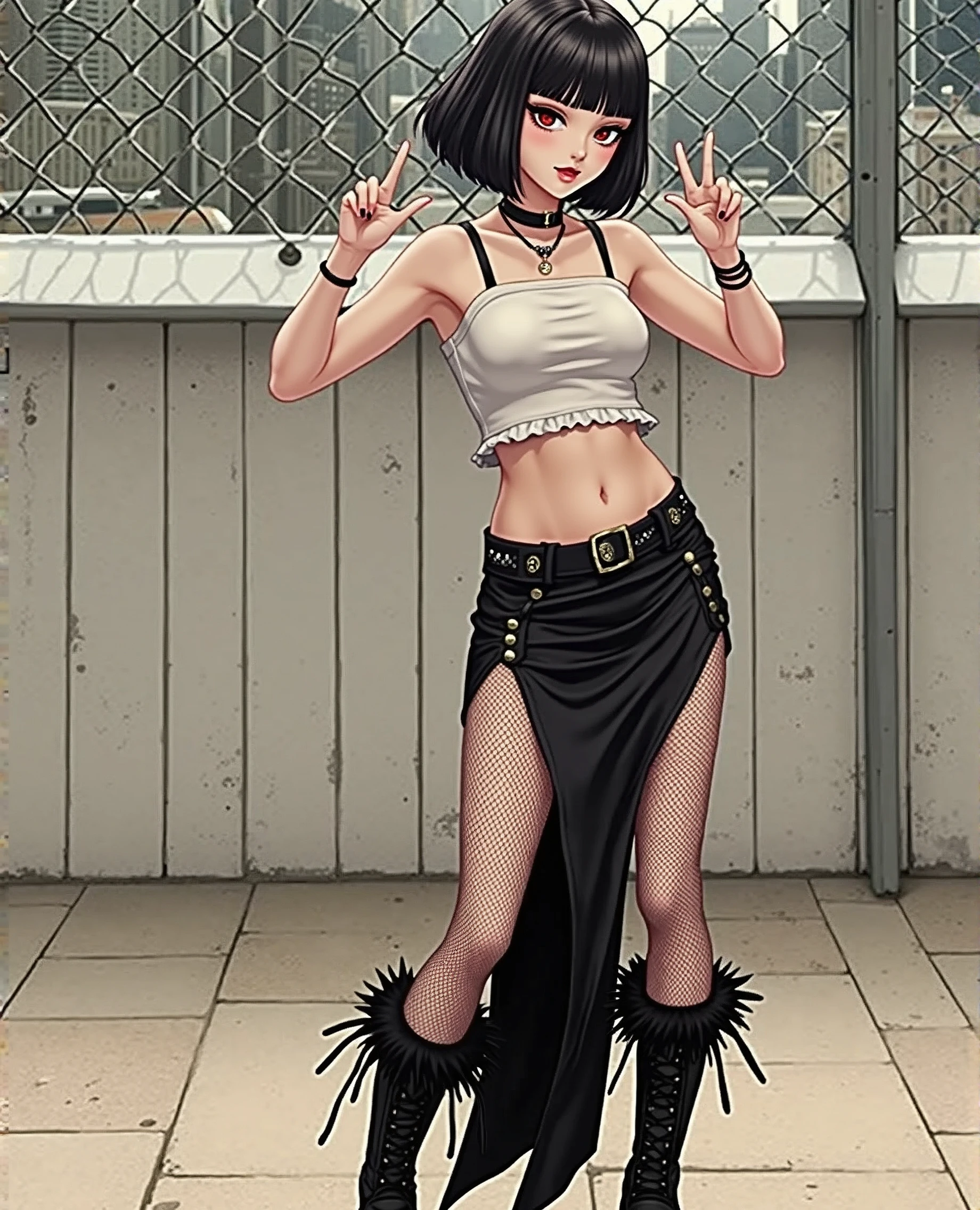 Goth girl, short black hair, black crop top, black slit skirt, fishnet legwear, black fur boots, wink, double peace sign, city background