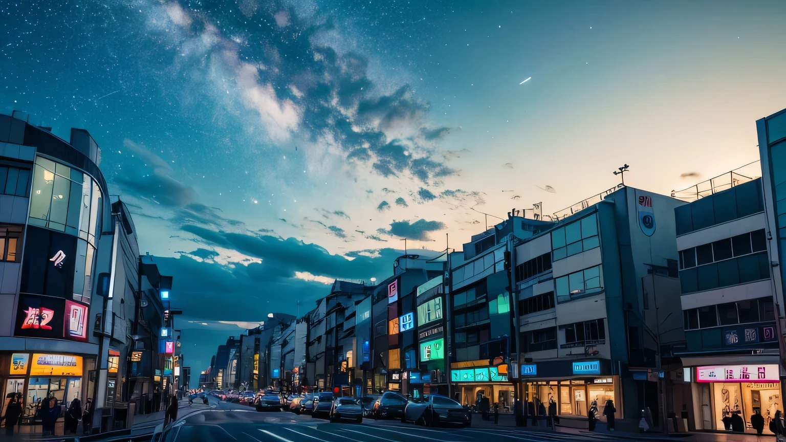 Night sky, Many stars, green blue molecular cloud, the last rays of sun on the horizon, Street in Shibuya