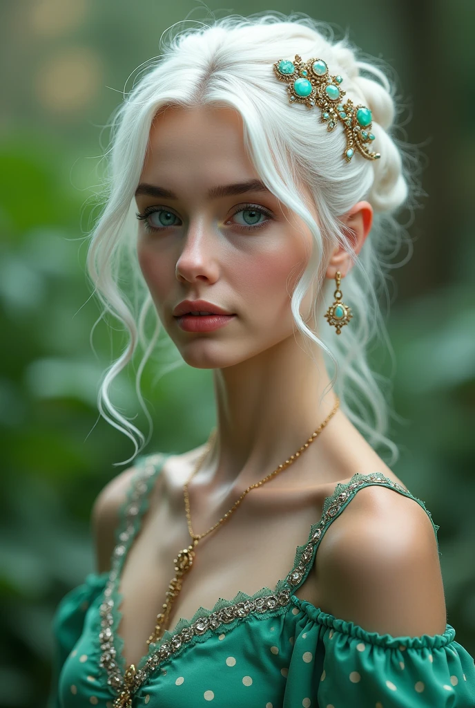 best quality, masterpiece, 1girl, (polka dot dress), (green dress:1.5), white hair, hair ornament, necklace, (jewellery:1.8), Beautiful face, blue eyes, gigantic huge big breasts, tyndall effect, photorealistic, rim lighting, two tone lighting, (high detailed skin:1.2), dslr, (spreading light:1.5) soft lighting, high quality, volumetric lighting, candid, in the garden, Photograph, high resolution, 4k, 8k, Bokeh,