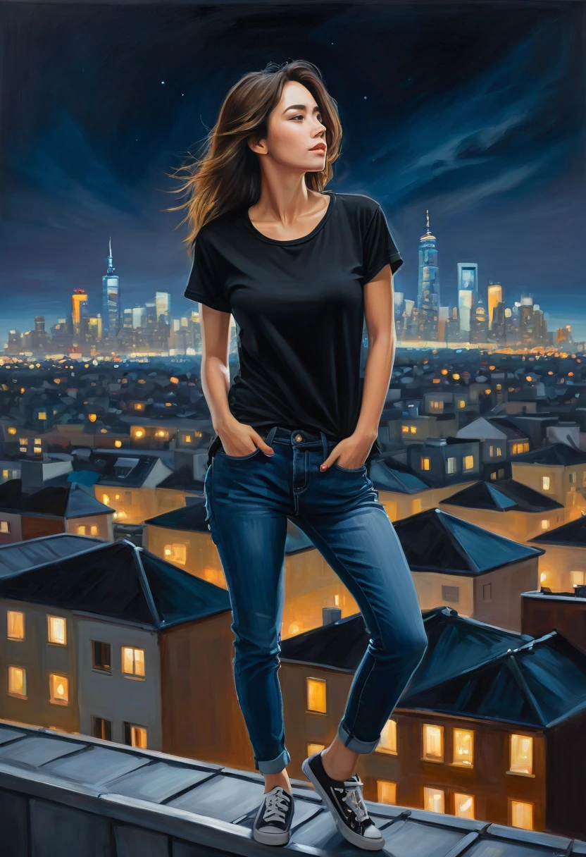 A deep stroke oil painting of A low-angle shot of a woman in a black loose t-shirt and fitted jeans standing on a rooftop overlooking a city. The city lights twinkle below enlighten her body figure, express her beautiful body, and she looks out at the horizon with a determined expression