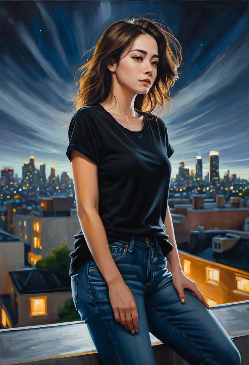 A deep stroke oil painting of A low-angle shot of a woman in a black loose t-shirt and fitted jeans standing on a rooftop overlooking a city. The city lights twinkle below enlighten her body figure, express her beautiful body, and she looks out at the horizon with a determined expression
