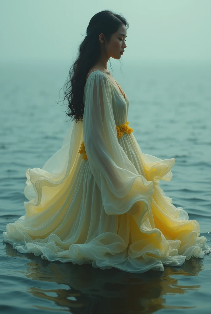 a close up of a person in a dress standing in water, still from a music video, still from a fantasy movie, floating robes, a still of an ethereal, clothes floating, screenshot from a movie, still from the film, still frame from a movie, still from a live action movie, still from film, youtube video screenshot, video still, surreal black and yellow