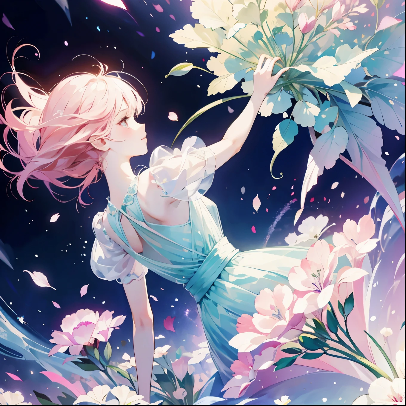 1girl,flower, Lisianthus ,in the style of light pink and light azure, dreamy and romantic compositions, pale pink, ethereal foliage, playful arrangements,fantasy, high contrast, ink strokes, explosions, over exposure, purple and red tone impression , abstract, brush strokes, negative space,