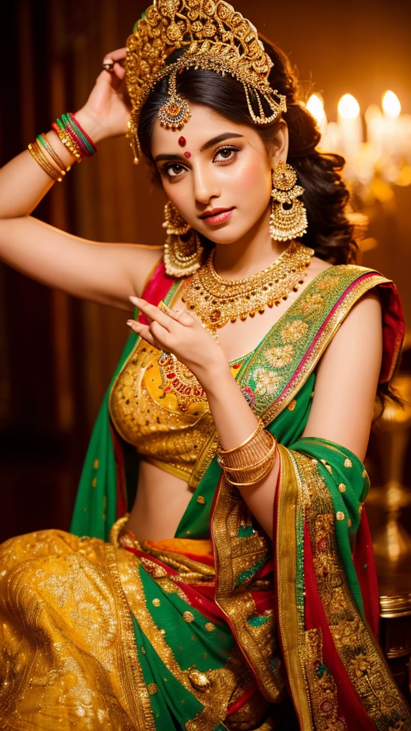a beautiful young woman, 1girl, indian traditional dress, sari, ornate gold jewelry, mehndi hand painting, intricate floral headpiece, elegant pose, soft lighting, cinematic composition, vibrant colors, highly detailed, photorealistic, 8k, best quality