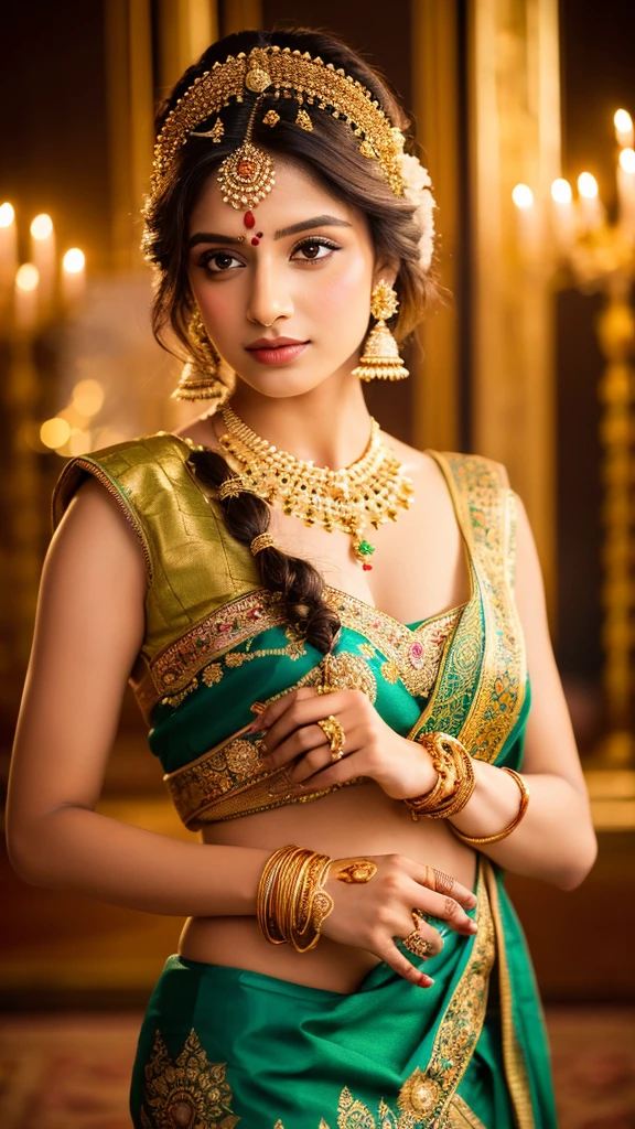 a beautiful young woman, 1girl, indian traditional dress, sari, ornate gold jewelry, mehndi hand painting, intricate floral headpiece, elegant pose, soft lighting, cinematic composition, vibrant colors, highly detailed, photorealistic, 8k, best quality