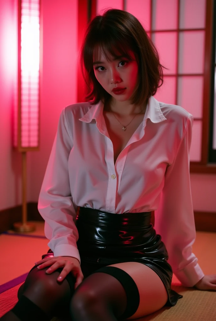 ((Chinese Idol)) 35 talents ((Plump, bright red lips with lipstick)) round face Heavy makeup Big Breasts Plump Brown hair short hair ((Looking into the camera)) Sit with your legs apart ((White button-up shirt with black patent leather tight skirt and black stockings)) ((Knee-high boots)) Skin and chest drenched in sweat (Sit on the futon with your legs spread open.) look down ((A bedroom with shoji and tatami mats lit up in pink neon lights)) Shooting from a camera angle seen from the floor
