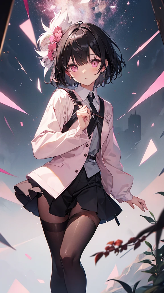 (Highest quality,Very detailed,Short),black tights,Black Hair,short hair,cute,Pink Eyes,I&#39;m short,She is wearing a black dress,Her eyes are white and shining,Her eyes are white and shining,Looking at me with a sad face,