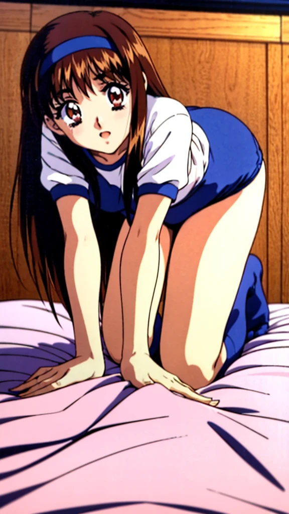 Yuki Mizuho, One person, One personで, Long Hair, hair band, Brown Hair, Blue Bloomers,Gym suit, That's not a leotard.., Open your mouth, blush, Lips parted, liar, On the bed,On all fours,On all foursになって,To the audience:,From below, retro artstyle,White knee socks, No shoes, 1990s (style), expensive quality, very_expensive_solve, big_file size, Full Color,Browsing Caution, (Accurate fingertips, Browse 4, Thumb 1),