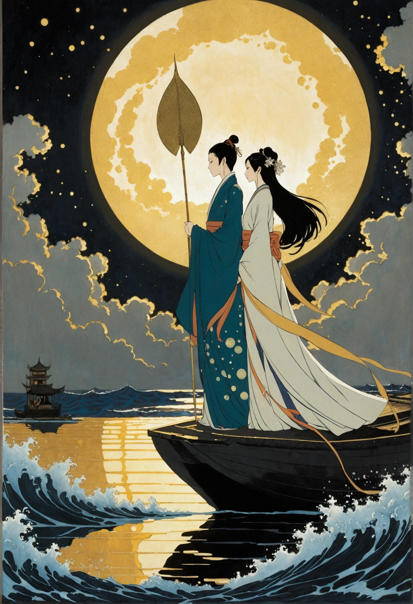 Prompt:

Izanagi and Izanami stand on a celestial bridge woven from stardust and glowing clouds, casting a gentle luminescence over the dark, roiling sea below. Izanagi raises the heavenly jeweled spear high, its jewels gleaming against the murky waters. As the spear touches the sea, golden droplets fall, creating ripples that form the island of Onogoro. This scene captures the serene transformation from chaos to the nascent land.