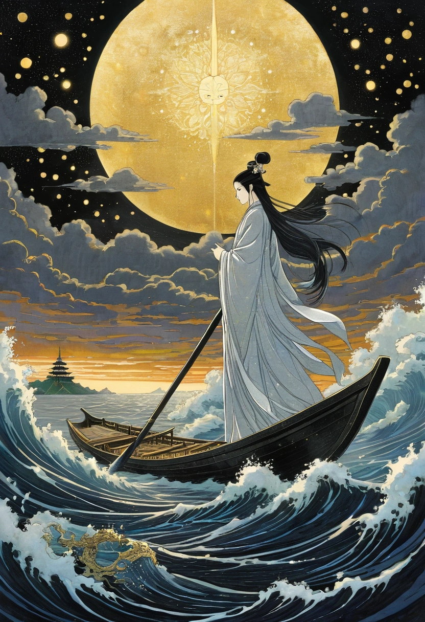 Prompt:
Izanagi and Izanami stand on a celestial bridge woven from stardust and glowing clouds, casting a gentle luminescence over the dark, roiling sea below. Izanagi raises the heavenly jeweled spear high, its jewels gleaming against the murky waters. As the spear touches the sea, golden droplets fall, creating ripples that form the island of Onogoro. This scene captures the serene transformation from chaos to the nascent land.