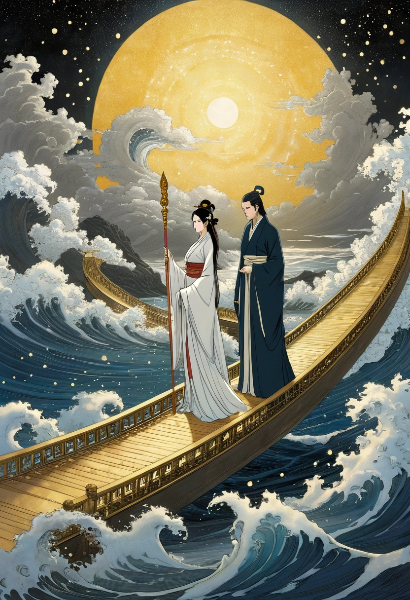 Prompt:
Izanagi and Izanami stand on a celestial bridge woven from stardust and glowing clouds, casting a gentle luminescence over the dark, roiling sea below. Izanagi raises the heavenly jeweled spear high, its jewels gleaming against the murky waters. As the spear touches the sea, golden droplets fall, creating ripples that form the island of Onogoro. This scene captures the serene transformation from chaos to the nascent land.