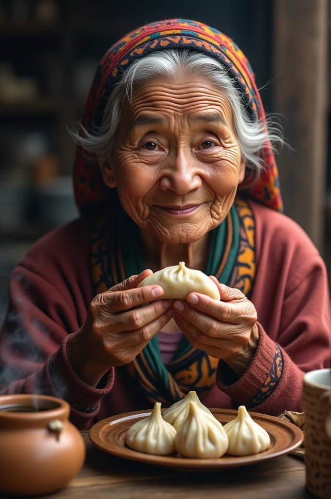 Nepali old woman eating momo