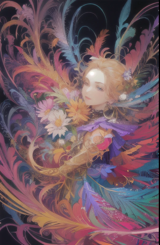 (masterpiece, Highest quality, Highest quality, Official Art, beautifully、aesthetic:1.2), (One person:1.3), Very detailed,(Fractal Art:1.1),(colorful:1.1)(Flowers:1.3),Most detailed,(Tangled:1.2), (Dynamic pose), (Abstract background:1.3),  (Glowing Skin), (Many colors:1.4), ,(Earrings:1.4),  (feather:1.4)