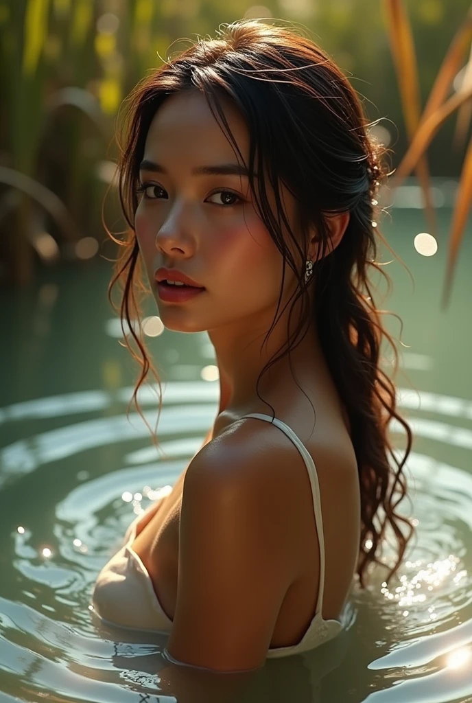 close up portrait of a cute woman (gldot) bathing in a river, reeds, (backlighting), realistic, masterpiece, highest quality, lens flare, shade, bloom, [[chromatic aberration]], by Jeremy Lipking, by Antonio J. Manzanedo, digital painting,Back to the camera