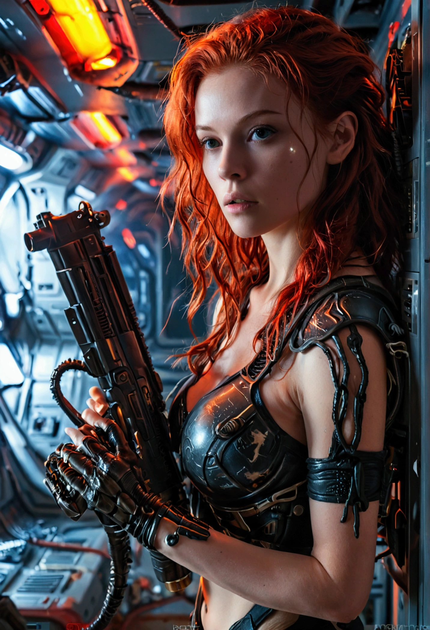 (full body shot:1) photorealistic image of a (standing pose:1) woman, ultrarealistic, photography, long red hair, woman, 24 years old, hourglass figure, perfect body, natural medium breasts, Full body picture, she is on a destroyed space station, in a dark room, only red alarmlights are on, she is wearing a tshirt and hot pants, she is holding a pulserifle, she is hiding inside of a locker, a xenomorph alien is walking in the background, she is looking scared