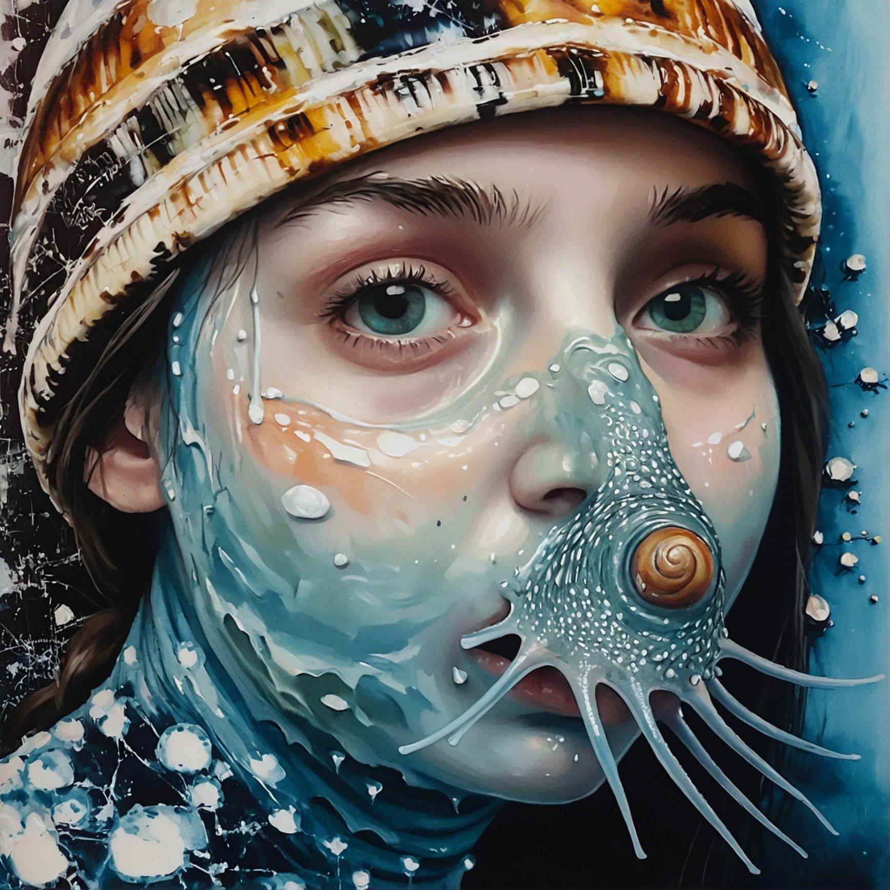 A snail's body with a girl's face, in mucus, Close-up, oil painting style image