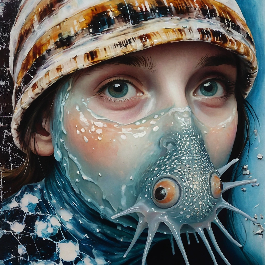 A snail's body with a girl's face, in mucus, Close-up, oil painting style image