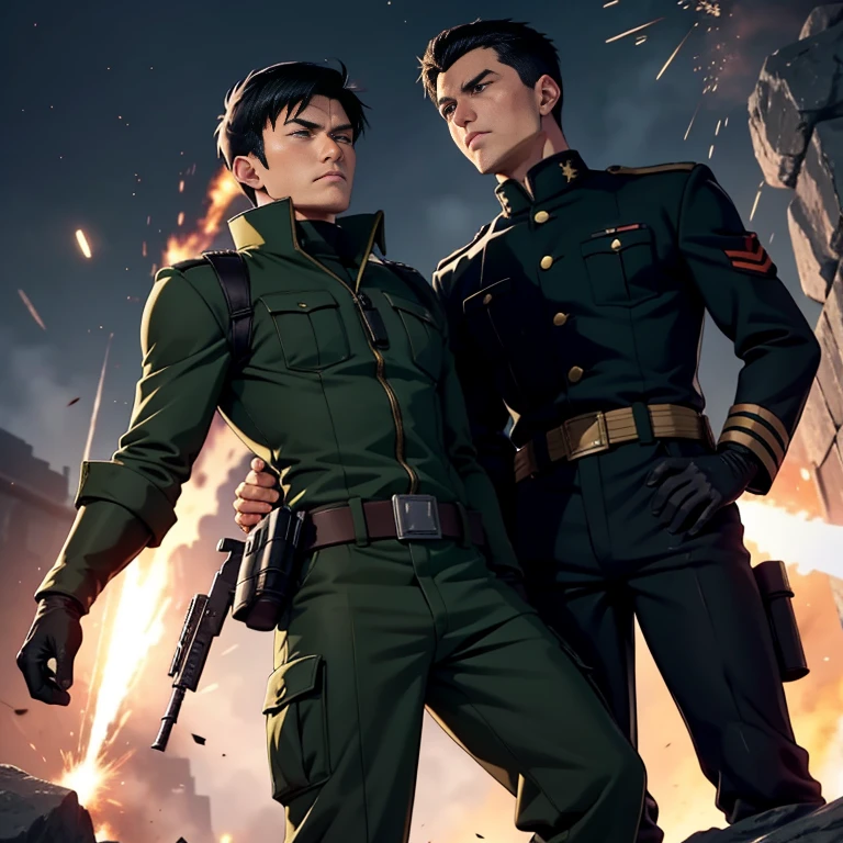 anime、Zeon Army soldiers、30 years old,Two Men,、Dark green military uniform、Shocker Belt、Black gloves、Brown boots、With a handgun on his hip、Summit、Surrounding explosions and blast waves　logic, ,Black Hair。Pretty short and even shorter short hair、Handsome soldier　Asian Face　The crotch area of my pants is bulging　Fighting a man in a black full-body suit