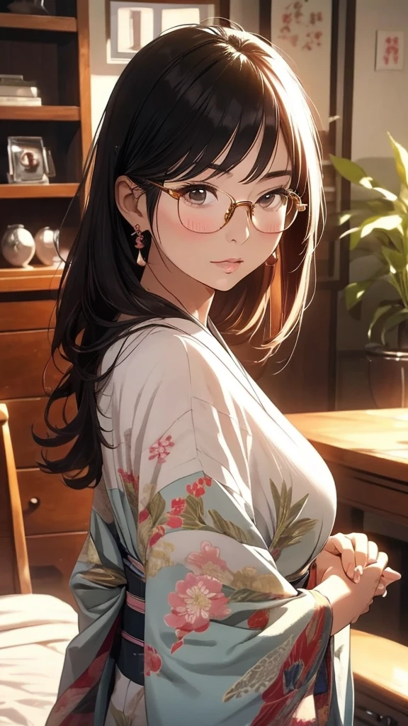japanese beautiful lady, very beautiful face, mature female, kawaii, realistic photo, master pieces, high quality, super real detailed, perfect anatomy, nai3, cool beauty, long eyelashes, glasses, japanese beautiful wife, room, shiny skin