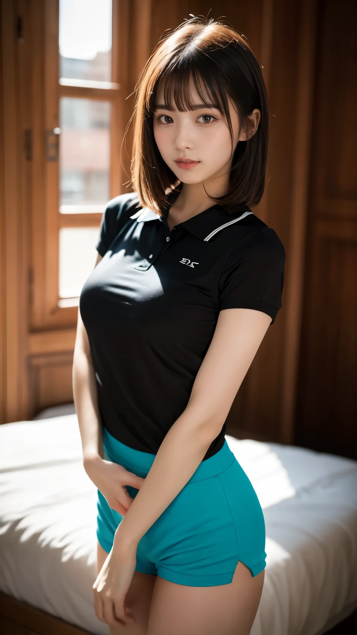masterpiece, Highest quality, 8k, 20th Generation, Huge breasts, cute, alone, sad, cute, Girlish, Delicate, Pure beauty, RAW Photos, Professional photography, Portraiture, Soft Light, Professional Lighting, Backlight, Upper Body, Front view, Sophisticated, Film Grain, (Eye and facial details:1.0), floating short hair, beautiful, Flowing Hair, bangs, A tight polo shirt that expresses the roundness and softness of the chest area..., Huge 、Do not publish,It protrudes greatly, Erotic shorts, Standing Elegantly、beautiful太い脚